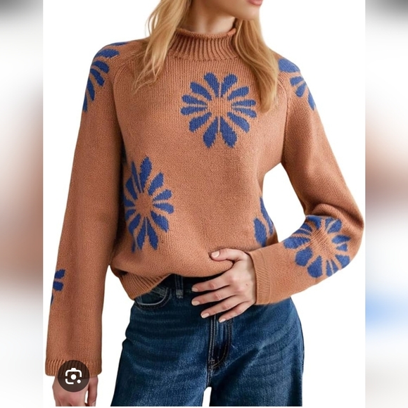 Sweaters - Floral Patterned Brown With Blue Flower Sweater Size XL